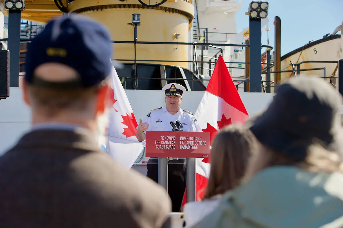 Commissioner Mario Pelletier speaks onboard CCGS Sir Wilfred Grenfell to officially open the inaugural Coast Guard Day and welcome the Grenfell to west coast operations June 11, 2022. (Justin Samanski-Langille/News Staff)