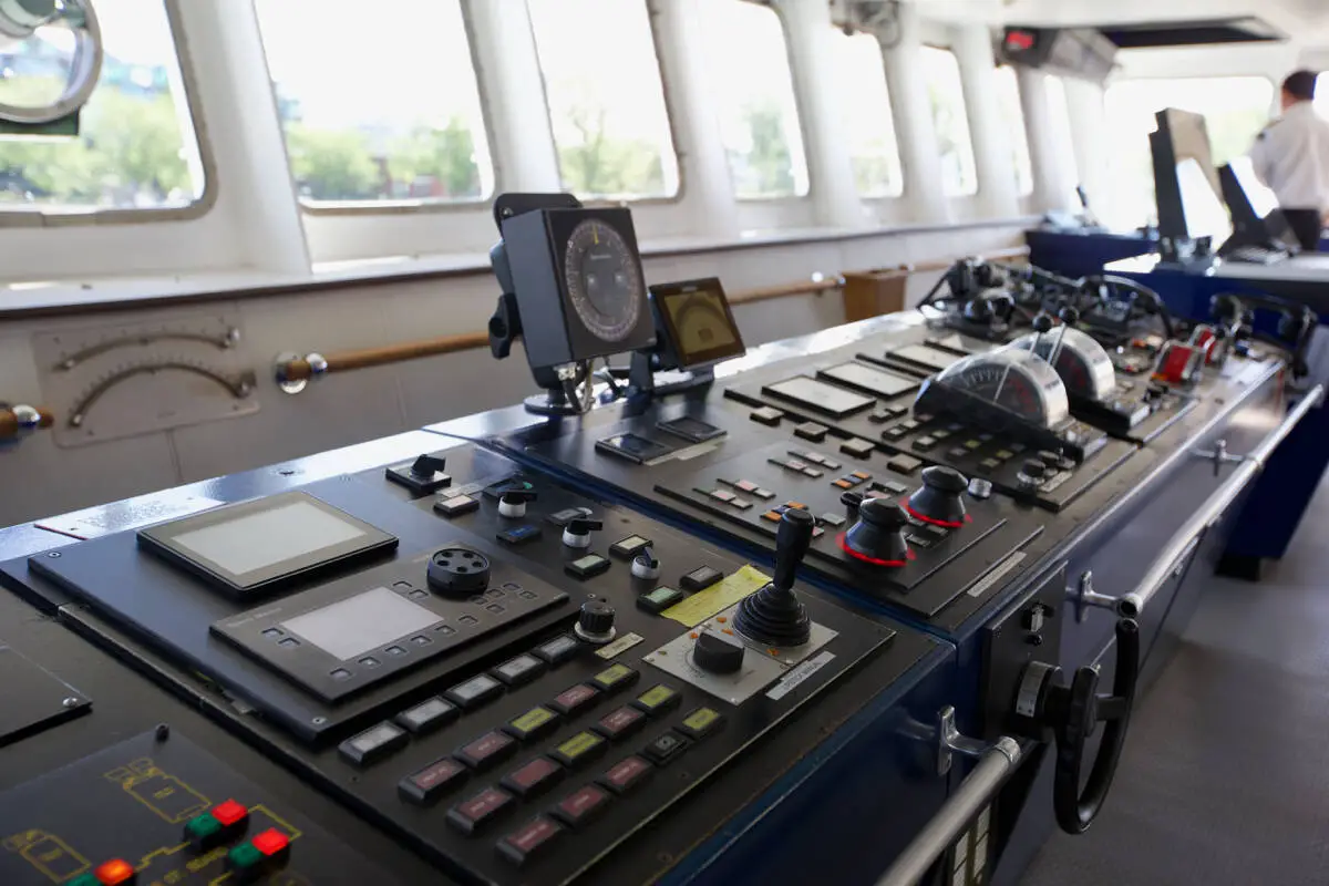 The helm controls on the bridge of CCGS Sir Wilfred Grenfell are seen during the inaugural Coast Guard Day June 11, 2022. (Justin Samanski-Langille/News Staff)