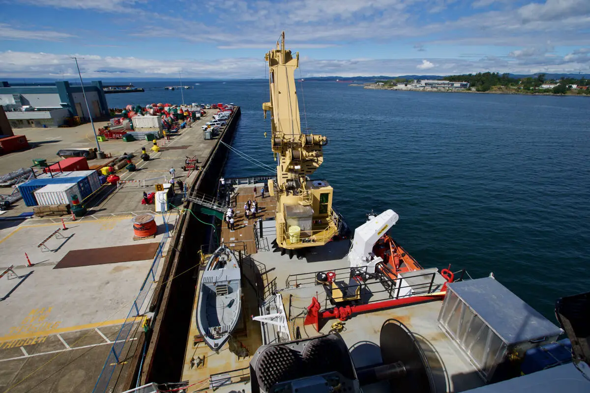 CCGS Sir Wilfred Grenfell’s rear deck and 20 tonne crane is seen during a tour as part of the inaugural Coast Guard Day June 11, 2022. (Justin Samanski-Langille/News Staff)