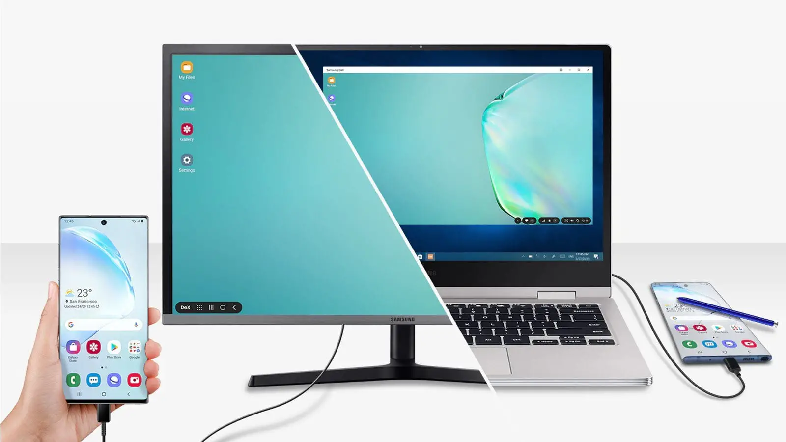 Two smartphones connected to a monitor and a computer