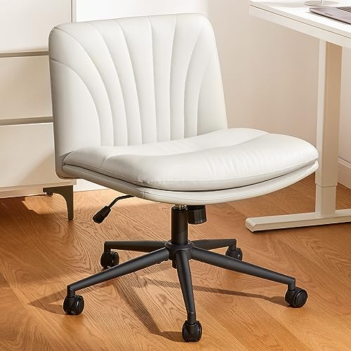 Marsail Armless-Office Desk Chair with Wheels: PU Leather Cross Legged Wide Chair,Comfortable Adjustable Swivel Computer Task Chairs for Home,Office,Make Up,Small Space,Bed Room(Light Beige)