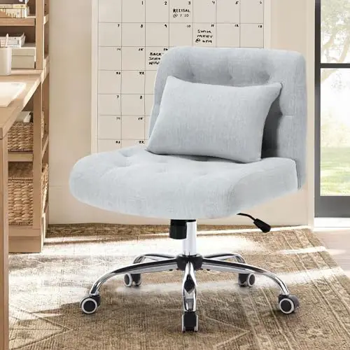 Armless Fabric Office Desk Chair with Wheels, Cross Legged Wide Seat Chair, Modern Home Office Chair with Lumbar Pillow, Comfortable Computer Task Chair for Small Space, Vanity Chair for Women, Girls