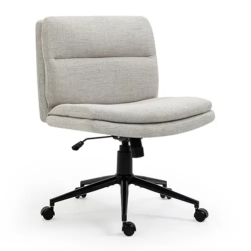 LONWIK Armless Wide Office Desk Chair with Wheels, Modern Fabric Vanity Chair, Adjustable Swivel Task Chair, Ergonomic Cross Legged Home Office Computer Chair (Gray)